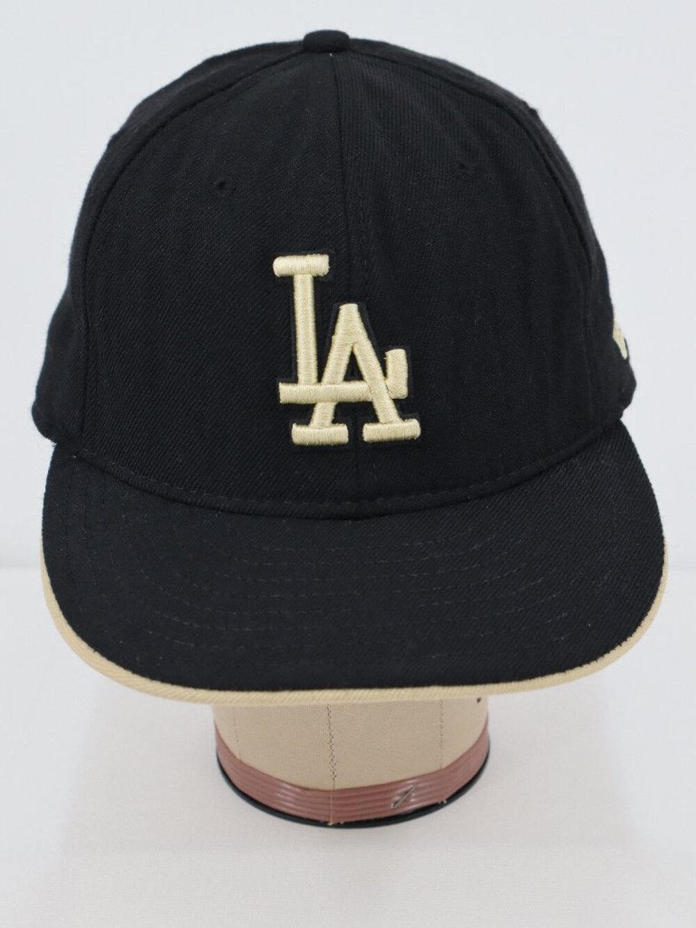 RARE LA Dodgers New Era Team Piping 59FIFTY Wool Hat 7 3/8 Made USA Black Tan